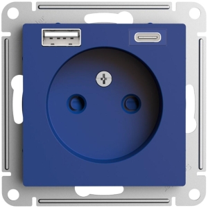 Силовая розетка с зарядкой USB тип A+C, без рамки, AtlasDesign аквамарин