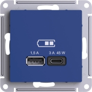 Розетка USB тип A + тип C 45Вт высокоскоростной заряд, QC, PD, без рамки, AtlasDesign аквамарин