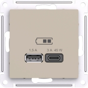 Розетка USB тип A + тип C 45Вт высокоскоростной заряд, QC, PD, без рамки, AtlasDesign песочный